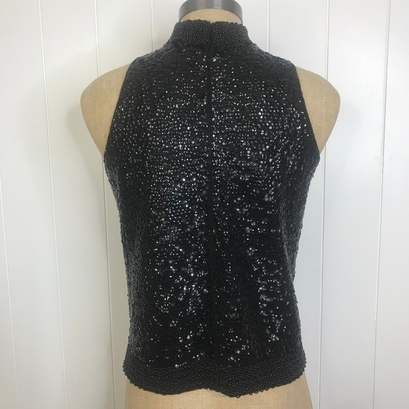 Black Sequin Beaded Tank High Neck Top with Full Zipper Closure - Picture 6 of 10